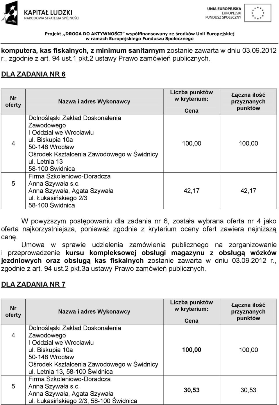 Łukasińskiego 2/3 8-100 Świdnica 2,17 2,17 W powyższym postępowaniu dla zadania nr 6, została wybrana oferta nr jako i przeprowadzenie kursu kompleksowej obsługi magazynu z