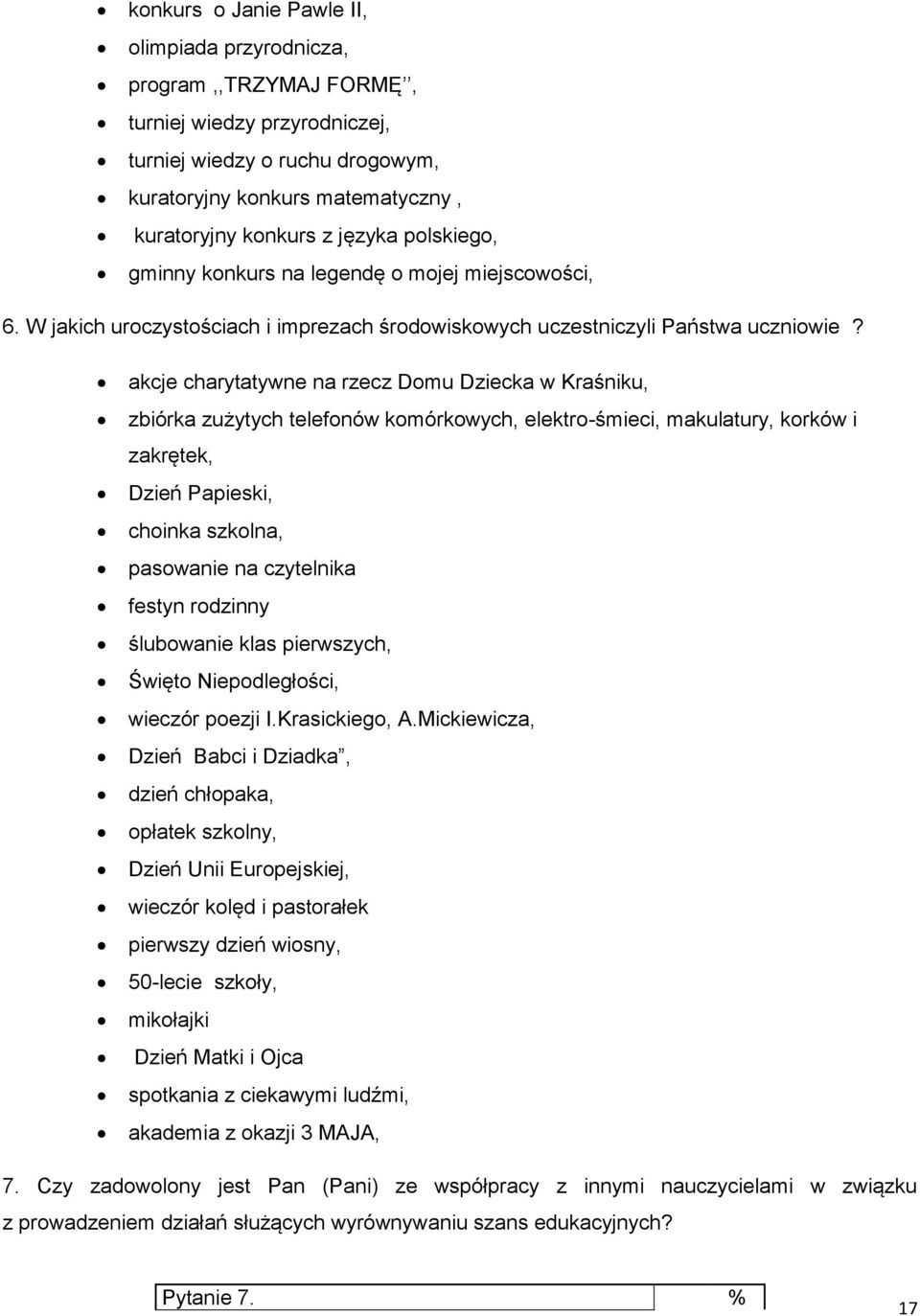 akcje charytatywne na rzecz Domu Dziecka w Kraśniku, zbiórka zużytych telefonów komórkowych, elektro-śmieci, makulatury, korków i zakrętek, Dzień Papieski, choinka szkolna, pasowanie na czytelnika