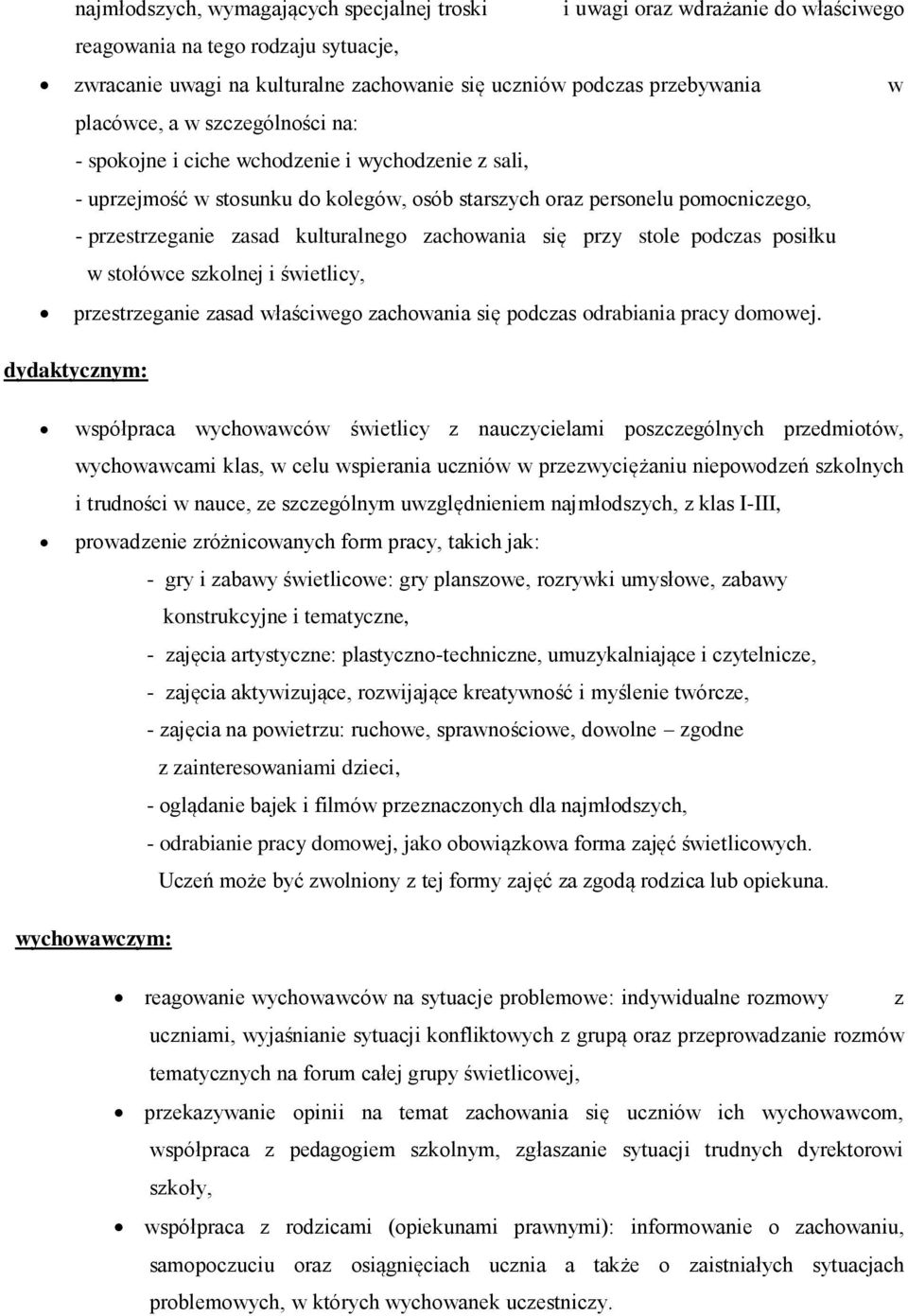 zachowania się przy stole podczas posiłku w stołówce szkolnej i świetlicy, przestrzeganie zasad właściwego zachowania się podczas odrabiania pracy domowej.