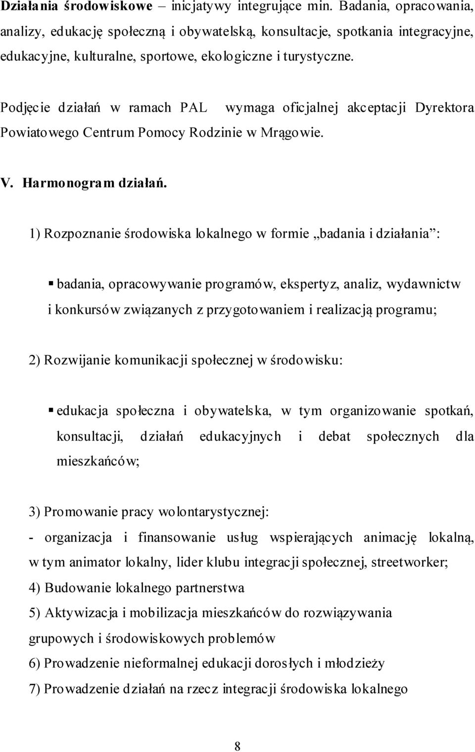 Podjęcie działań w ramach PAL Powiatowego Centrum Pomocy Rodzinie w Mrągowie. wymaga oficjalnej akceptacji Dyrektora V. Harmonogram działań.