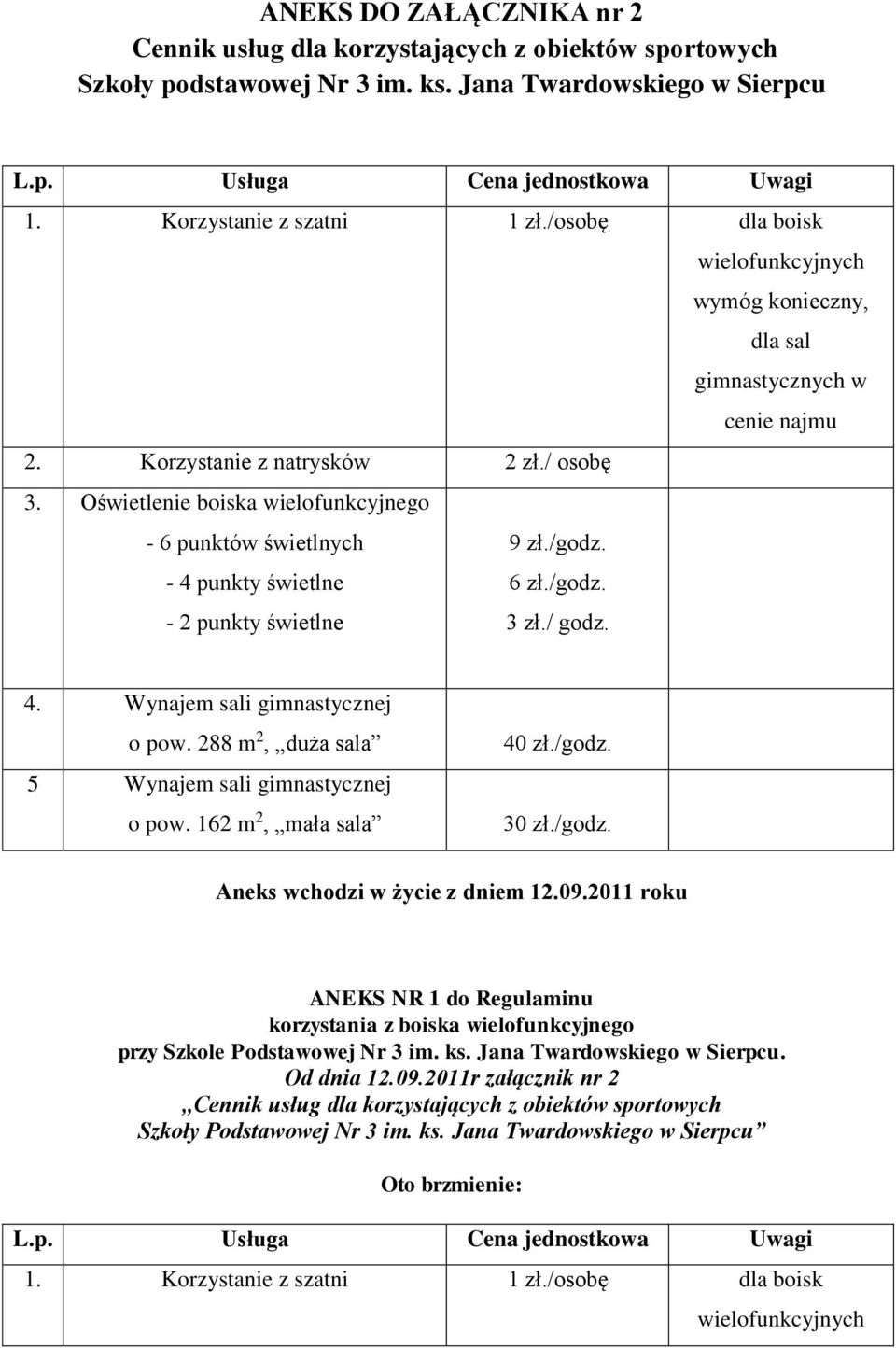 Oświetlenie boiska wielofunkcyjnego - 6 punktów świetlnych - 4 punkty świetlne - 2 punkty świetlne 9 zł./godz. 6 zł./godz. 3 zł./ godz. 4. Wynajem sali gimnastycznej o pow.