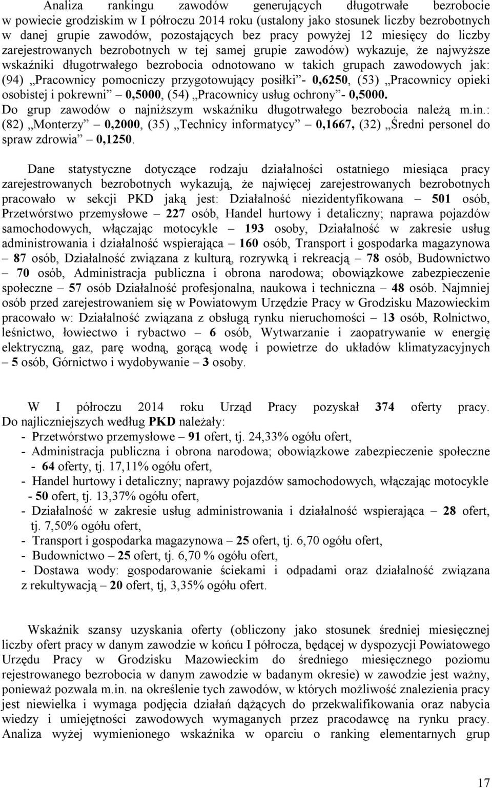 Pracownicy pomocniczy przygotowujący posiłki - 0,6250, (53) Pracownicy opieki osobistej i pokrewni 0,5000, (54) Pracownicy usług ochrony - 0,5000.