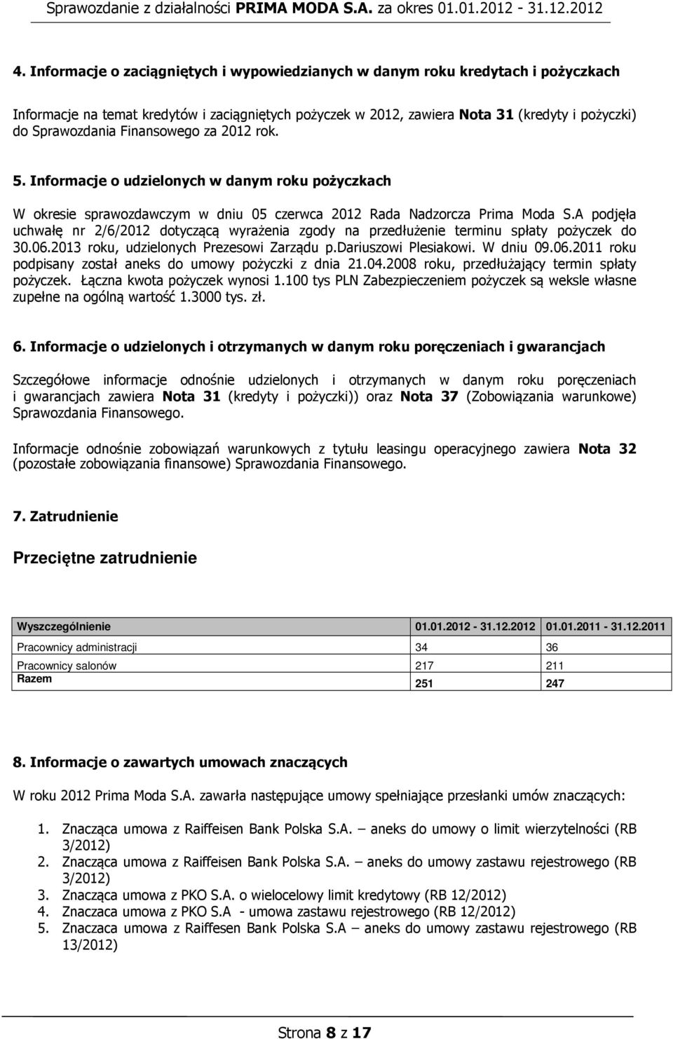 A podjęła uchwałę nr 2/6/2012 dotyczącą wyrażenia zgody na przedłużenie terminu spłaty pożyczek do 30.06.2013 roku, udzielonych Prezesowi Zarządu p.dariuszowi Plesiakowi. W dniu 09.06.2011 roku podpisany został aneks do umowy pożyczki z dnia 21.