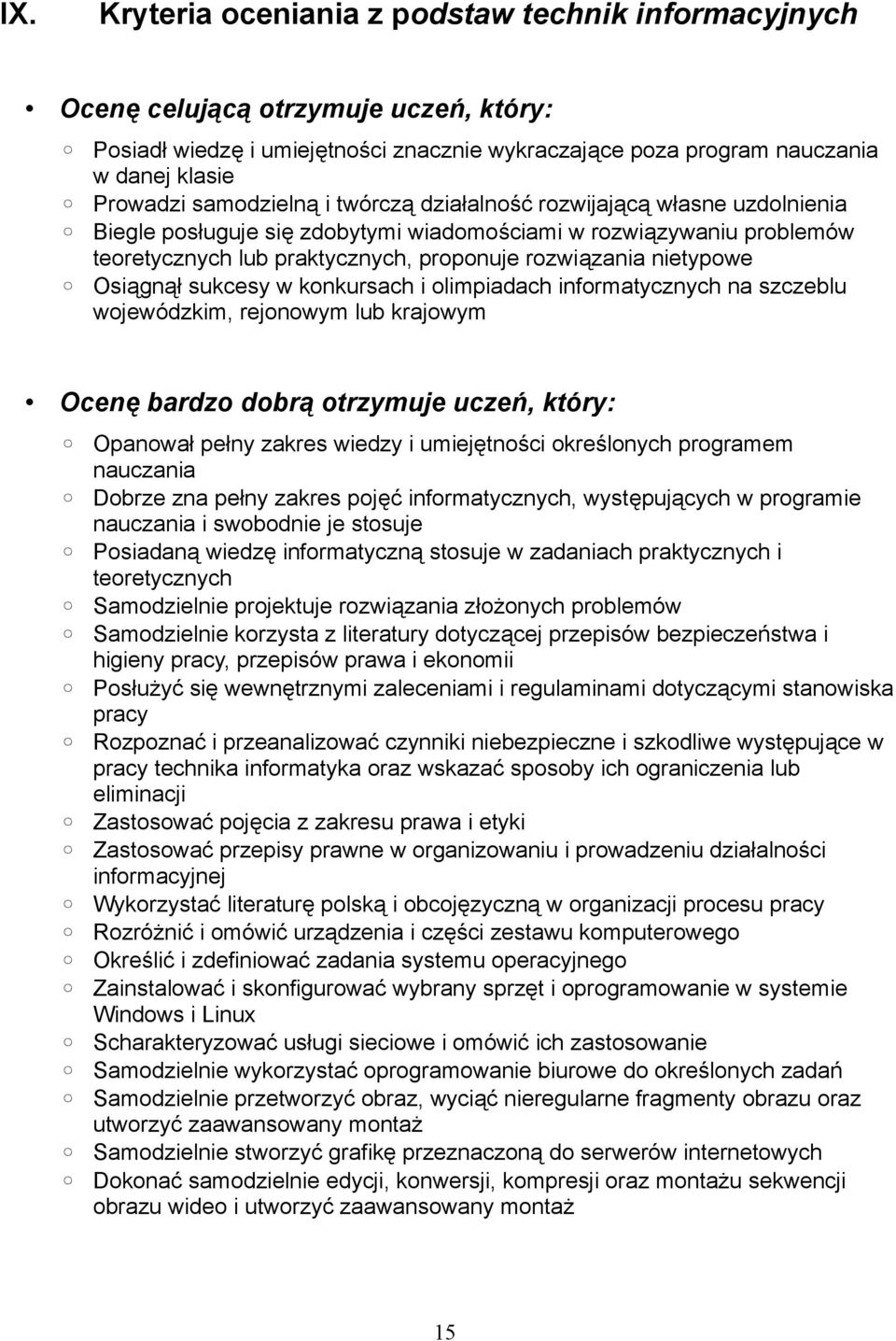 Osiągnął sukcesy w konkursach i olimpiadach informatycznych na szczeblu wojewódzkim, rejonowym lub krajowym Ocenę bardzo dobrą otrzymuje uczeń, który: Opanował pełny zakres wiedzy i umiejętności