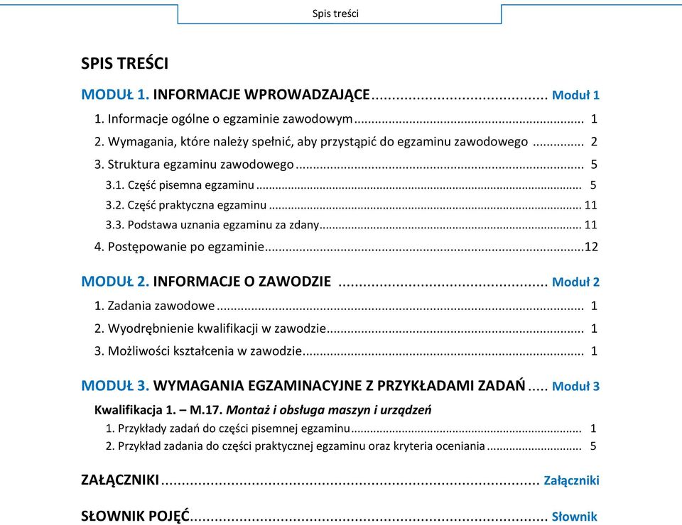 INFORMACJE O ZAWODZIE... Moduł 2 1. Zadania zawodowe... 1 2. Wyodrębnienie kwalifikacji w zawodzie... 1 3. Możliwości kształcenia w zawodzie... 1 MODUŁ 3. WYMAGANIA EGZAMINACYJNE Z PRZYKŁADAMI ZADAŃ.