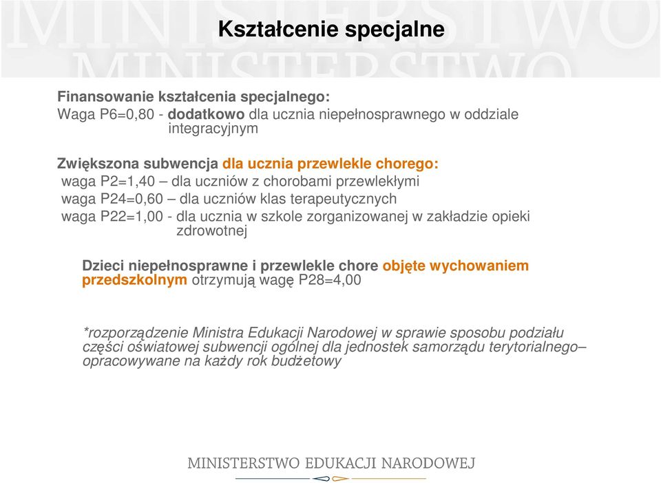 szkole zorganizowanej w zakładzie opieki zdrowotnej Dzieci niepełnosprawne i przewlekle chore objęte wychowaniem przedszkolnym otrzymują wagę P28=4,00