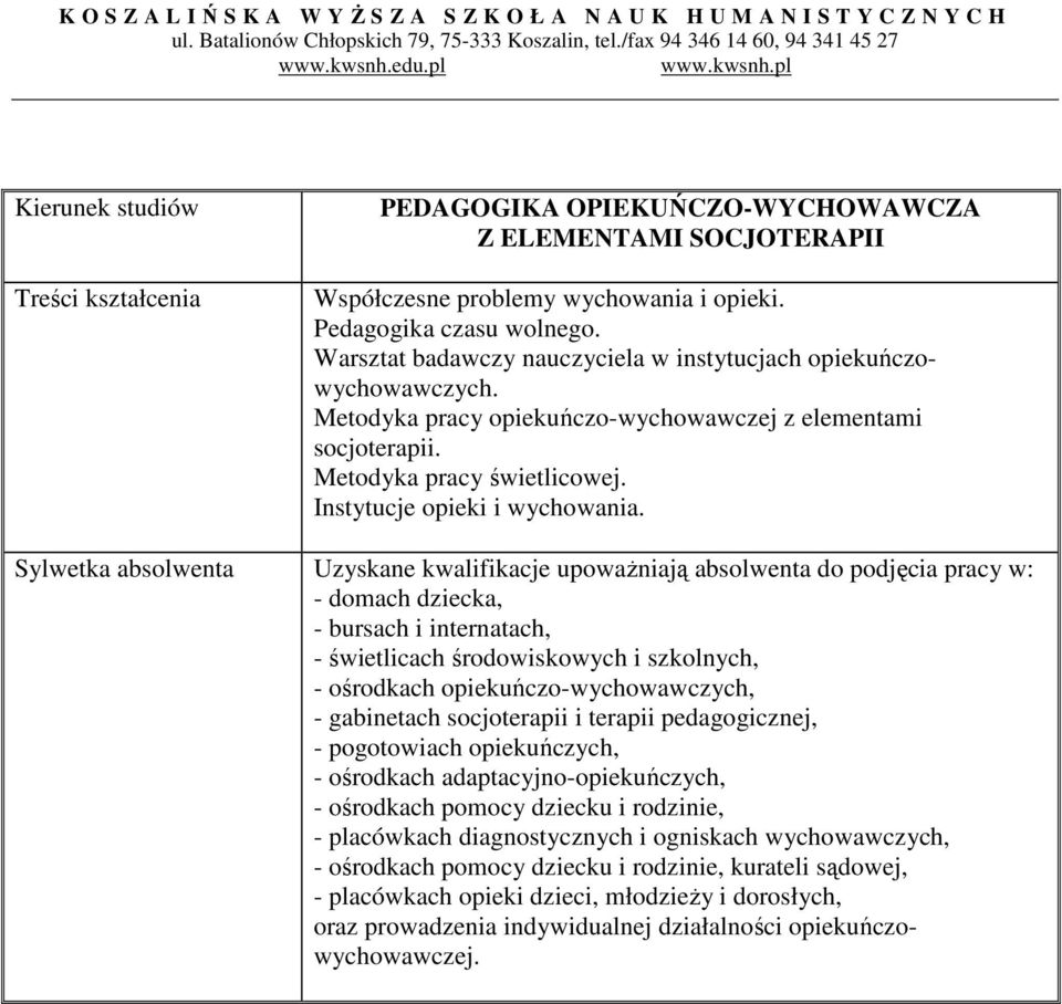 Uzyskane kwalifikacje upoważniają absolwenta do podjęcia pracy w: - domach dziecka, - bursach i internatach, - świetlicach środowiskowych i szkolnych, - ośrodkach opiekuńczo-wychowawczych, -