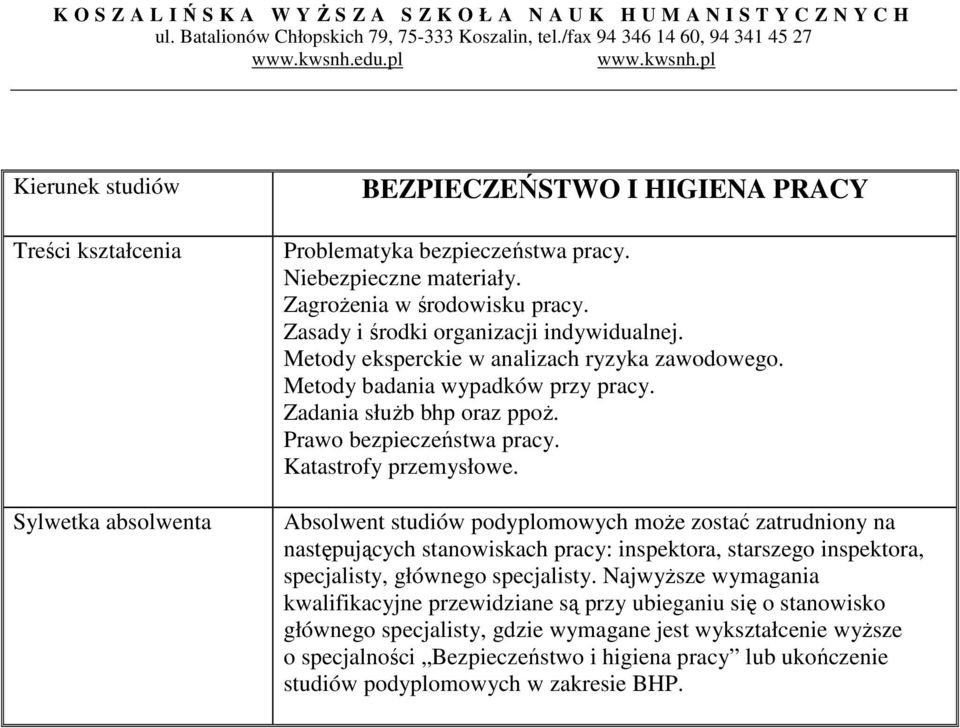 Absolwent studiów podyplomowych może zostać zatrudniony na następujących stanowiskach pracy: inspektora, starszego inspektora, specjalisty, głównego specjalisty.