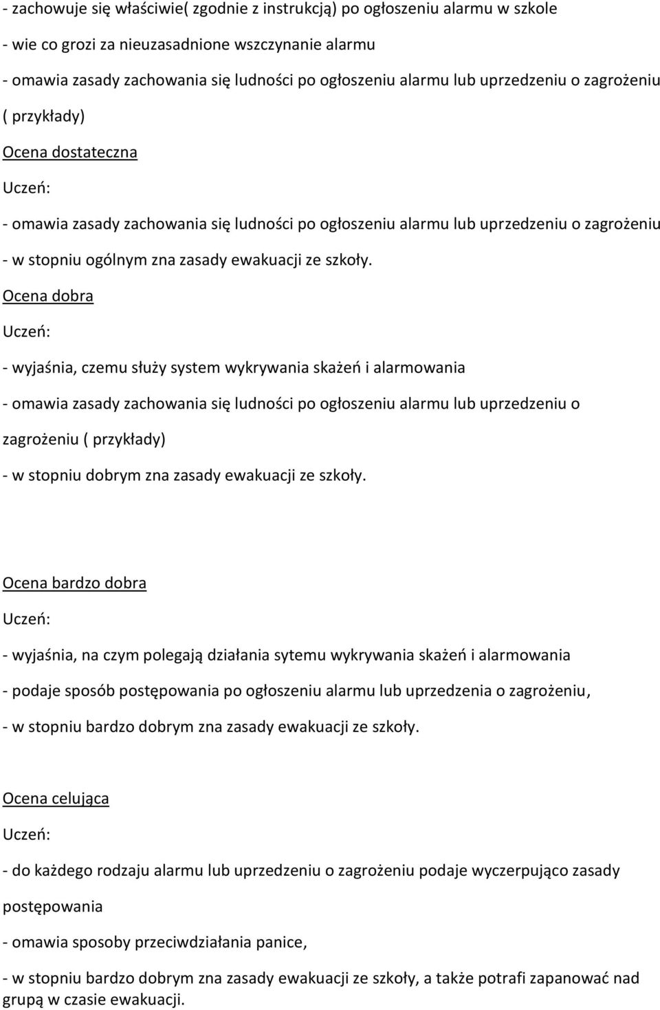 Ocena dobra - wyjaśnia, czemu służy system wykrywania skażeń i alarmowania - omawia zasady zachowania się ludności po ogłoszeniu alarmu lub uprzedzeniu o zagrożeniu ( przykłady) - w stopniu dobrym