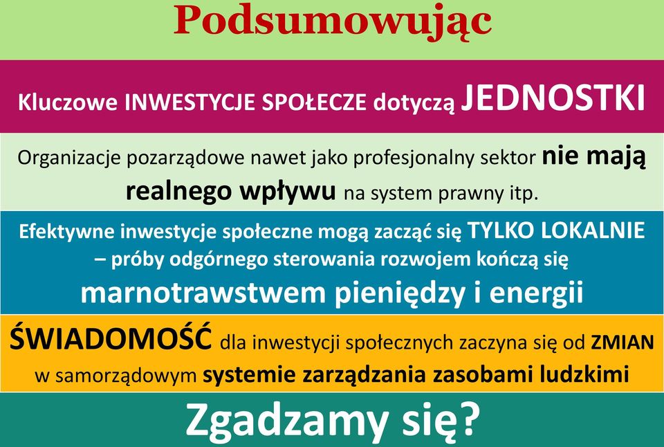 Efektywne inwestycje społeczne mogą zacząć się TYLKO LOKALNIE próby odgórnego sterowania rozwojem kończą się