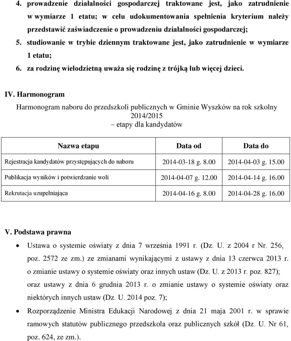 Harmonogram Harmonogram naboru do przedszkoli publicznych w Gminie Wyszków na rok szkolny 2014/2015 etapy dla kandydatów Nazwa etapu Data od Data do Rejestracja kandydatów przystępujących do naboru