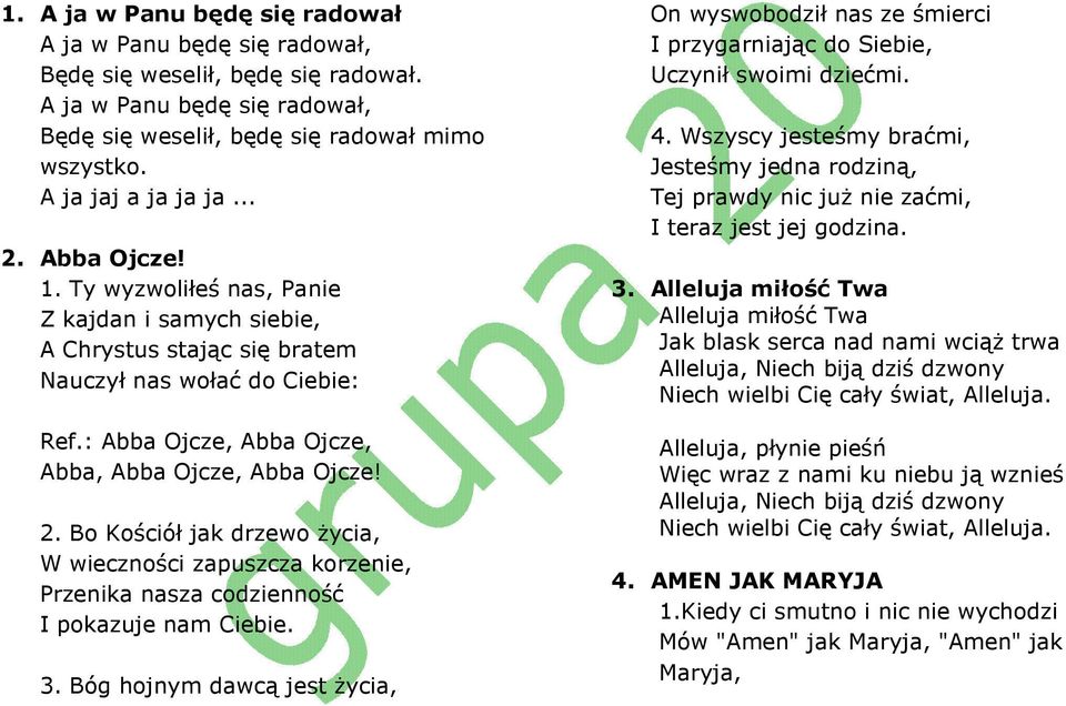 3. Bóg hojnym dawcą jest Ŝycia, On wyswobodził nas ze śmierci I przygarniając do Siebie, Uczynił swoimi dziećmi. 4.