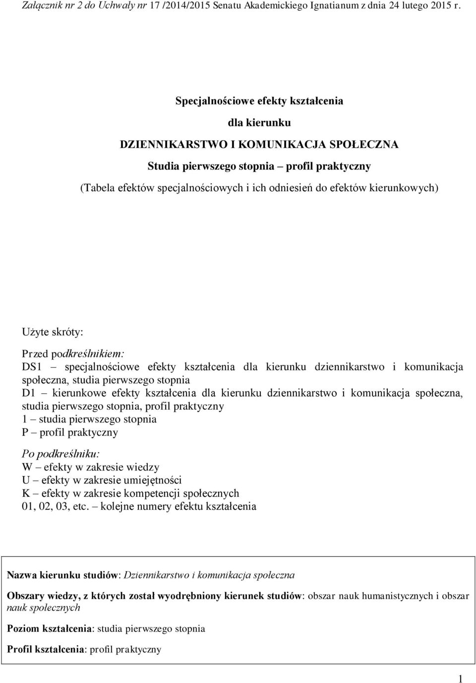 kształcenia dla kierunku dziennikarstwo i komunikacja społeczna, studia pierwszego stopnia, profil praktyczny 1 studia pierwszego stopnia P profil praktyczny Po podkreślniku: W efekty w zakresie