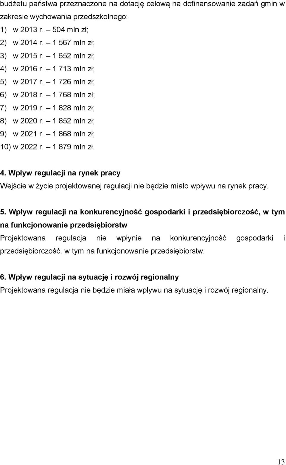 1 879 mln zł. 4. Wpływ regulacji na rynek pracy Wejście w życie projektowanej regulacji nie będzie miało wpływu na rynek pracy. 5.