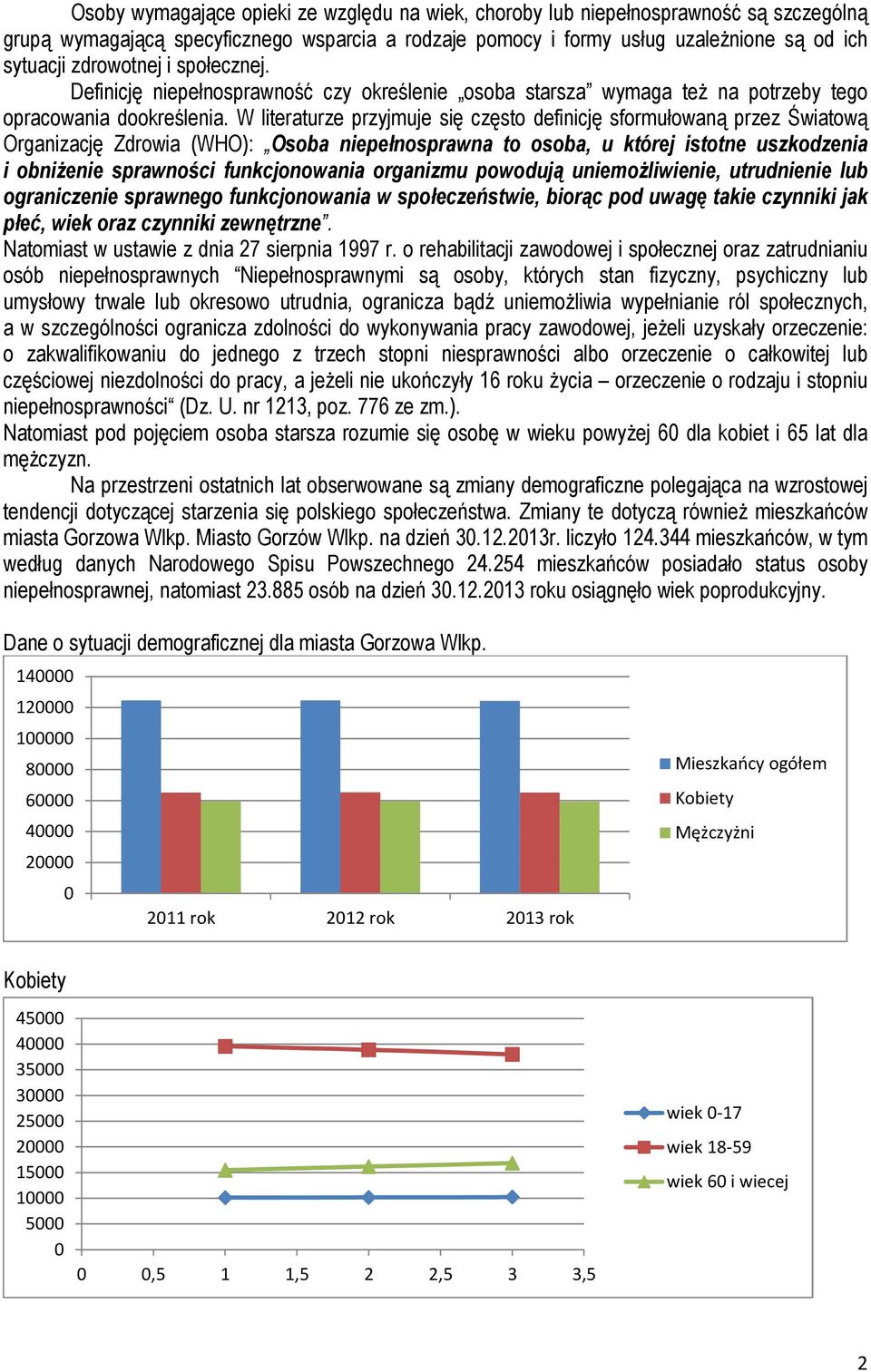 W literaturze przyjmuje się często definicję sformułowaną przez Światową Organizację Zdrowia (WHO): Osoba niepełnosprawna to osoba, u której istotne uszkodzenia i obniżenie sprawności funkcjonowania