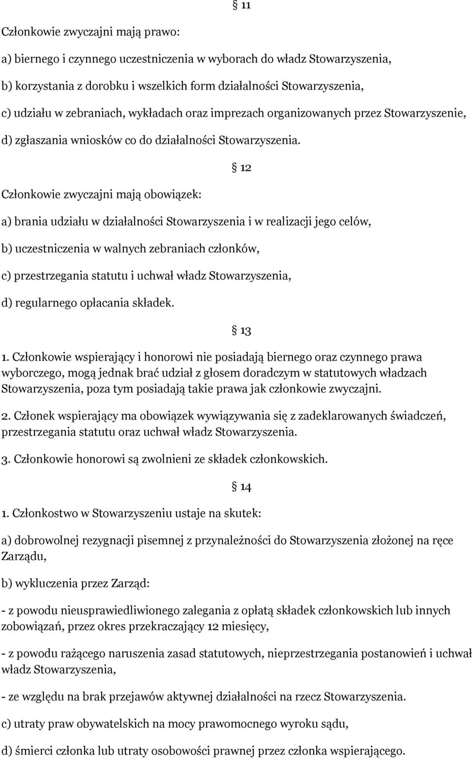 Członkowie zwyczajni mają obowiązek: 12 a) brania udziału w działalności Stowarzyszenia i w realizacji jego celów, b) uczestniczenia w walnych zebraniach członków, c) przestrzegania statutu i uchwał