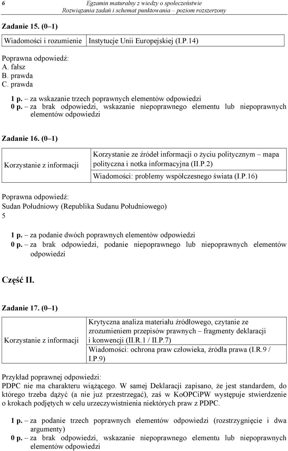 2) Wiadomości: problemy współczesnego świata (I.P.16) Sudan Południowy (Republika Sudanu Południowego) 5 1 p. za podanie dwóch poprawnych 0 p.