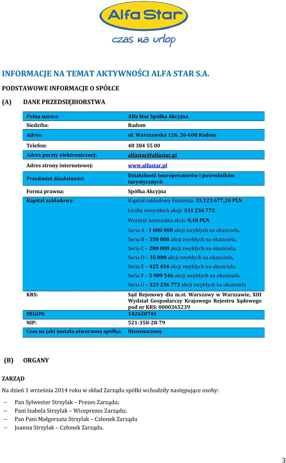 alfastar.pl www.alfastar.pl Działalność touroperatorów i pośredników turystycznych Spółka Akcyjna Kapitał zakładowy Emitenta: 33.123.677,20 PLN. Liczba wszystkich akcji: 331 236 772.
