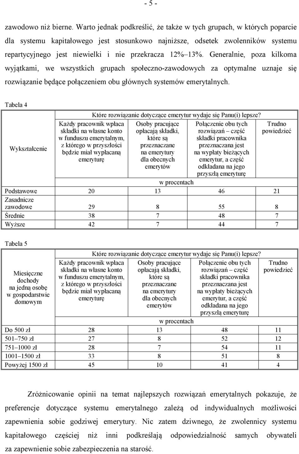 13%. Generalnie, poza kilkoma wyjątkami, we wszystkich grupach społeczno-zawodowych za optymalne uznaje się rozwiązanie będące połączeniem obu głównych systemów emerytalnych.