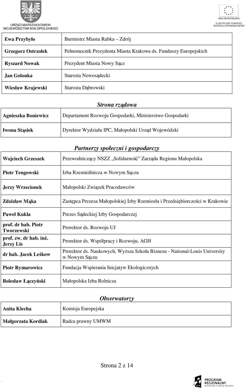 Dyrektor Wydziału IPC, Małopolski Urząd Wojewódzki Partnerzy społeczni i gospodarczy Wojciech Grzeszek Piotr Tengowski Przewodniczący NSZZ Solidarność Zarządu Regionu Małopolska Izba Rzemieślnicza w