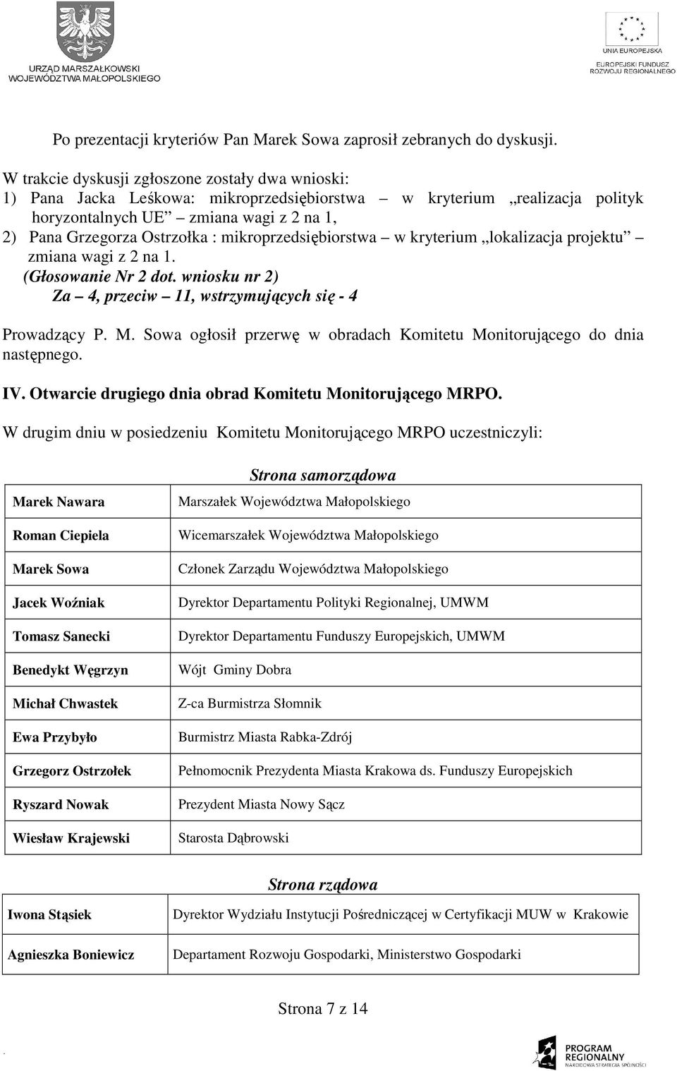 mikroprzedsiębiorstwa w kryterium lokalizacja projektu zmiana wagi z 2 na 1. (Głosowanie Nr 2 dot. wniosku nr 2) Za 4, przeciw 11, wstrzymujących się - 4 Prowadzący P. M.