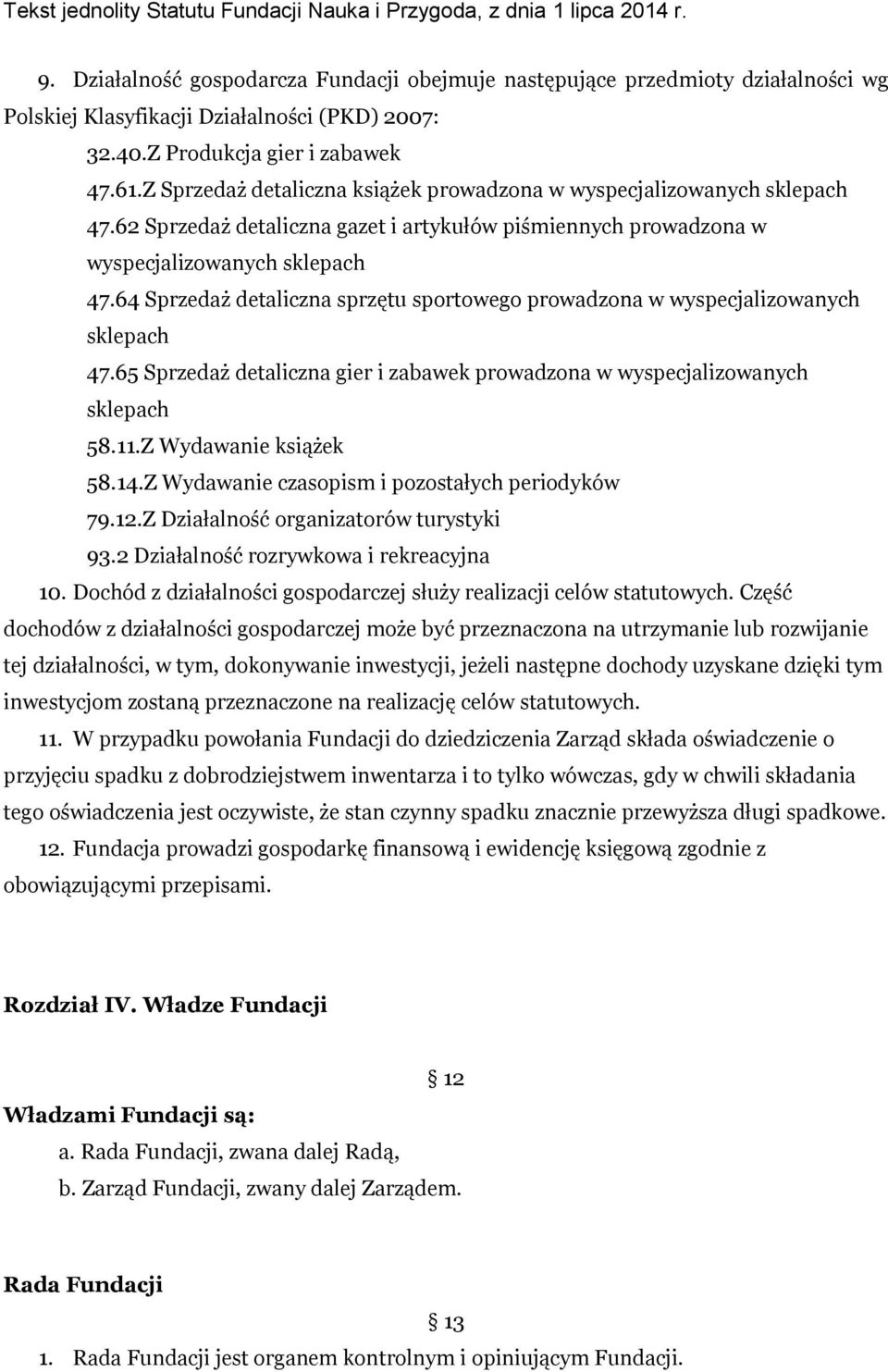 64 Sprzedaż detaliczna sprzętu sportowego prowadzona w wyspecjalizowanych sklepach 47.65 Sprzedaż detaliczna gier i zabawek prowadzona w wyspecjalizowanych sklepach 58.11.Z Wydawanie książek 58.14.