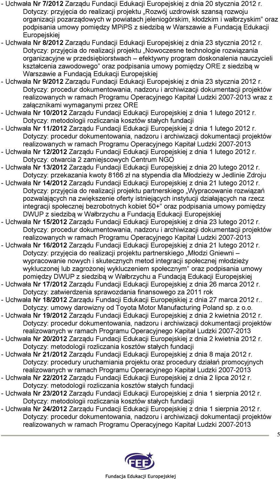 w Warszawie a Fundacją Edukacji Europejskiej - Uchwała Nr 8/2012 Zarządu Fundacji Edukacji Europejskiej z dnia 23 stycznia 2012 r.