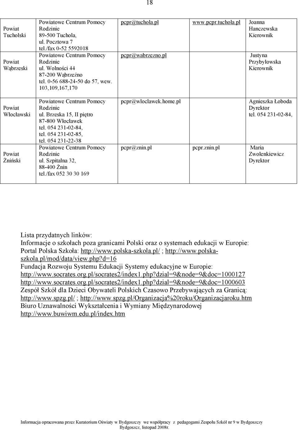 /fax 052 30 30 169 pcpr@tuchola.pl www.pcpr.tuchola.pl Joanna Hanczewska pcpr@wabrzezno.pl pcpr@wloclawek.home.pl Justyna Przybyłowska Agnieszka Łoboda Dyrektor tel. 054 231-02-84, pcpr@znin.