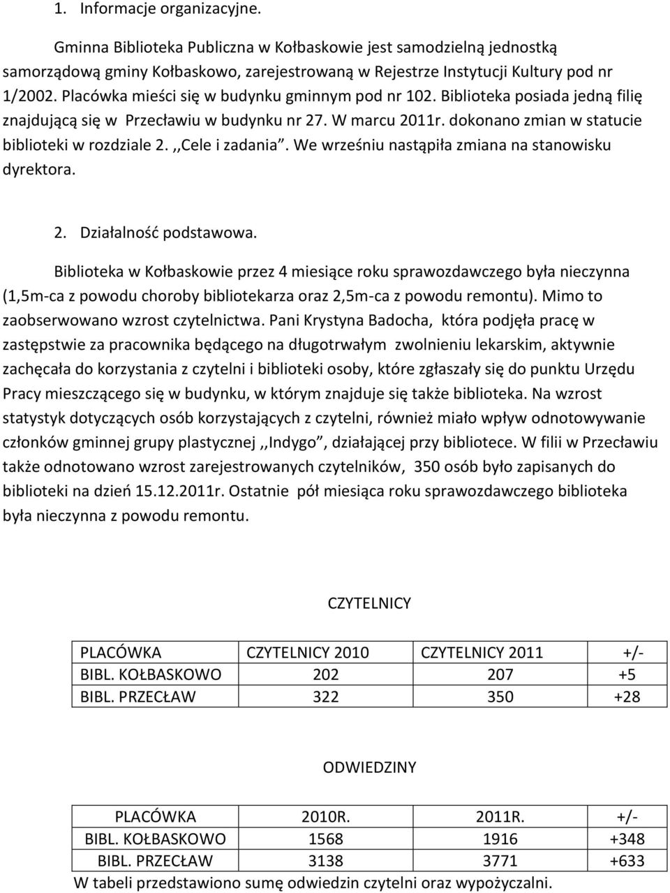 ,,Cele i zadania. We wrześniu nastąpiła zmiana na stanowisku dyrektora. 2. Działalność podstawowa.