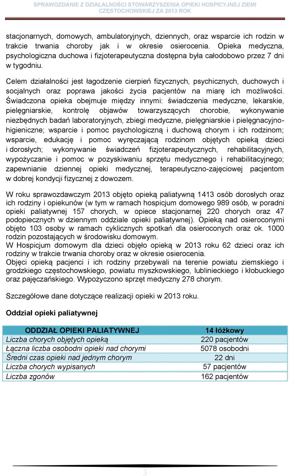 Celem działalności jest łagodzenie cierpień fizycznych, psychicznych, duchowych i socjalnych oraz poprawa jakości życia pacjentów na miarę ich możliwości.