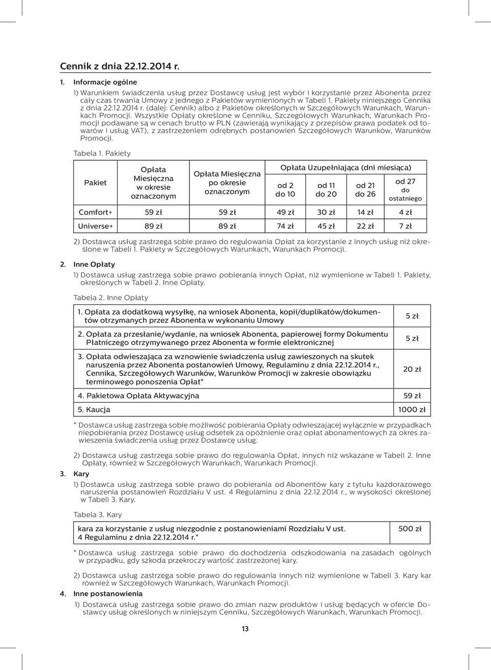 Pakiety niniejszego Cennika z dnia 22.12.2014 r. (dalej: Cennik) albo z Pakietów określonych w Szczegółowych Warunkach, Warunkach Promocji.