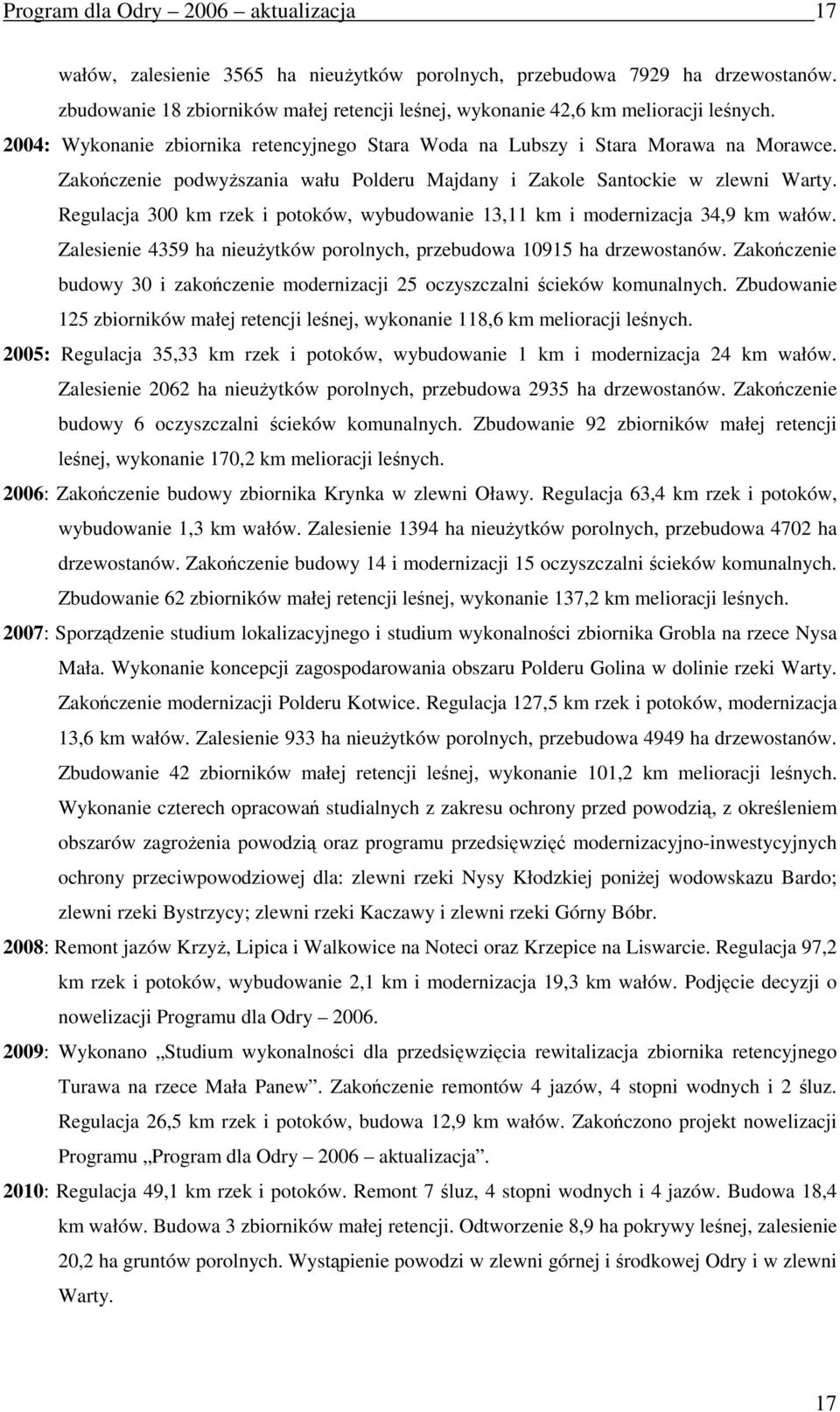 Zakończenie podwyŝszania wału Polderu Majdany i Zakole Santockie w zlewni Warty. Regulacja 300 km rzek i potoków, wybudowanie 13,11 km i modernizacja 34,9 km wałów.