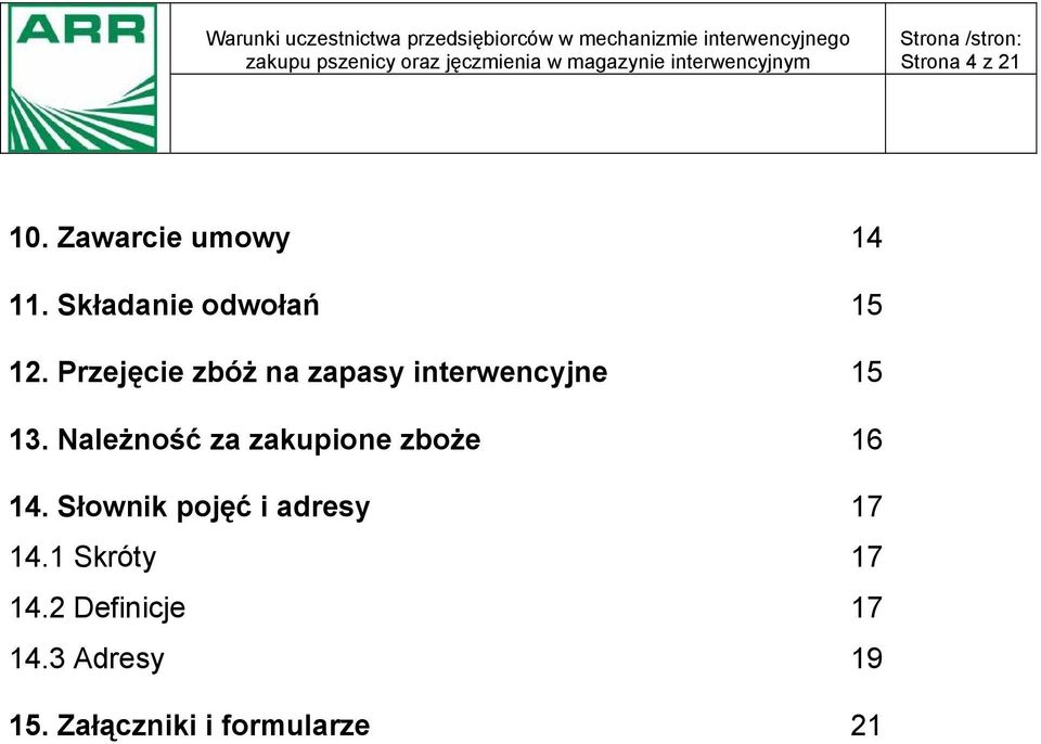 Należność za zakupione zboże 14. Słownik pojęć i adresy 14.