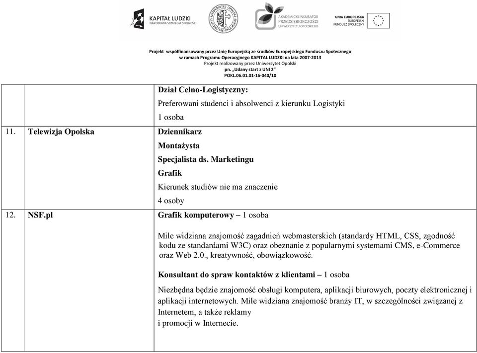 pl Grafik komputerowy 1 osoba Mile widziana znajomość zagadnień webmasterskich (standardy HTML, CSS, zgodność kodu ze standardami W3C) oraz obeznanie z popularnymi systemami CMS,