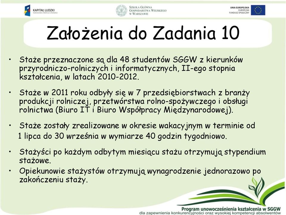 Staże w 2011 roku odbyły się w 7 przedsiębiorstwach z branży produkcji rolniczej, przetwórstwa rolno-spożywczego i obsługi rolnictwa (Biuro IT i Biuro