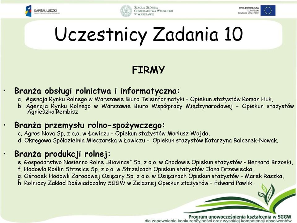 Okręgowa Spółdzielnia Mleczarska w Łowiczu - Opiekun stażystów Katarzyna Balcerek-Nowak. Branża produkcji rolnej: e. Gospodarstwo Nasienno Rolne Biovinas Sp. z o.o. w Chodowie Opiekun stażystów - Bernard Brzoski, f.