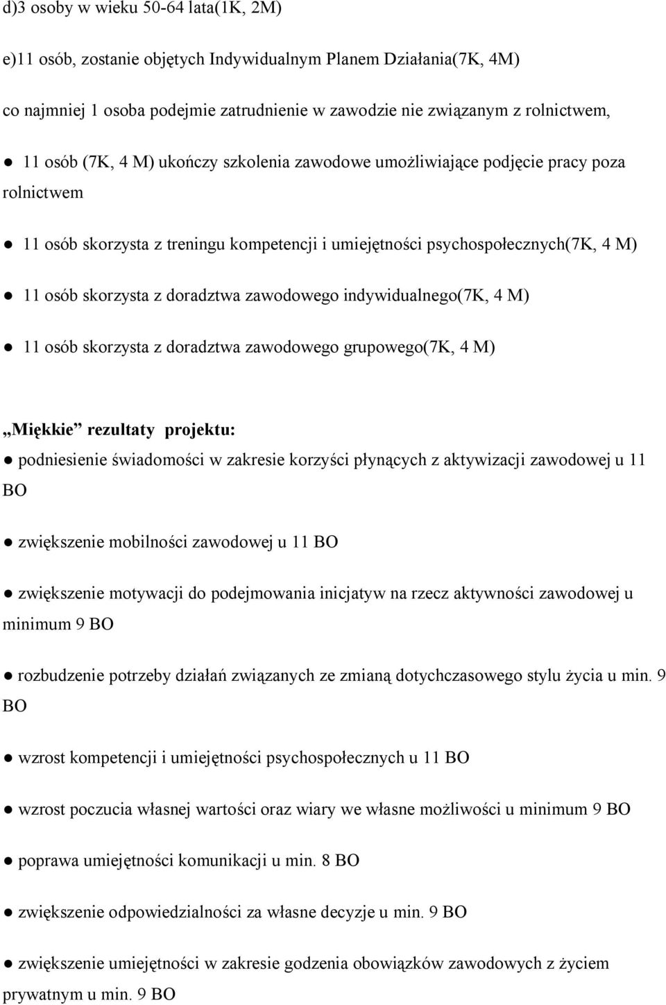 zawodowego indywidualnego(7k, 4 M) 11 osób skorzysta z doradztwa zawodowego grupowego(7k, 4 M) Miękkie rezultaty projektu: podniesienie świadomości w zakresie korzyści płynących z aktywizacji