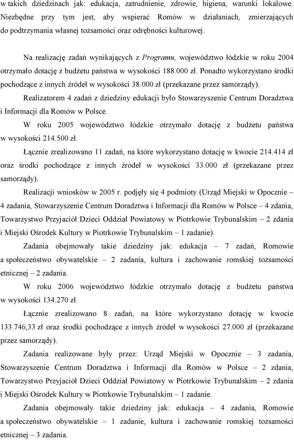 Na realizację zadań wynikających z Programu, województwo łódzkie w roku 2004 otrzymało dotację z budżetu państwa w wysokości 188.000 zł.