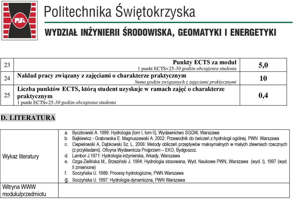 1999: Hydrologia (tom I, tom II), ydawnictwo SGG, arszawa b. Bajkiewicz - Grabowska E. Magnuszewski A. 2002: Przewodnik do ćwiczeń z hydrologii ogólnej. PN arszawa c. Ciepielowski A, Dąbkowski Sz. L.