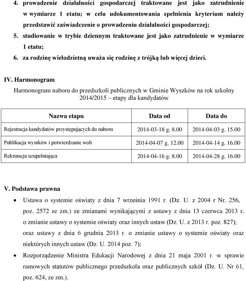 Harmonogram Harmonogram naboru do przedszkoli publicznych w Gminie Wyszków na rok szkolny 2014/2015 etapy dla kandydatów Nazwa etapu Data od Data do Rejestracja kandydatów przystępujących do naboru