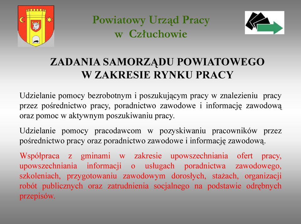 Udzielanie pomocy pracodawcom w pozyskiwaniu pracowników przez pośrednictwo pracy oraz poradnictwo zawodowe i informację zawodową.