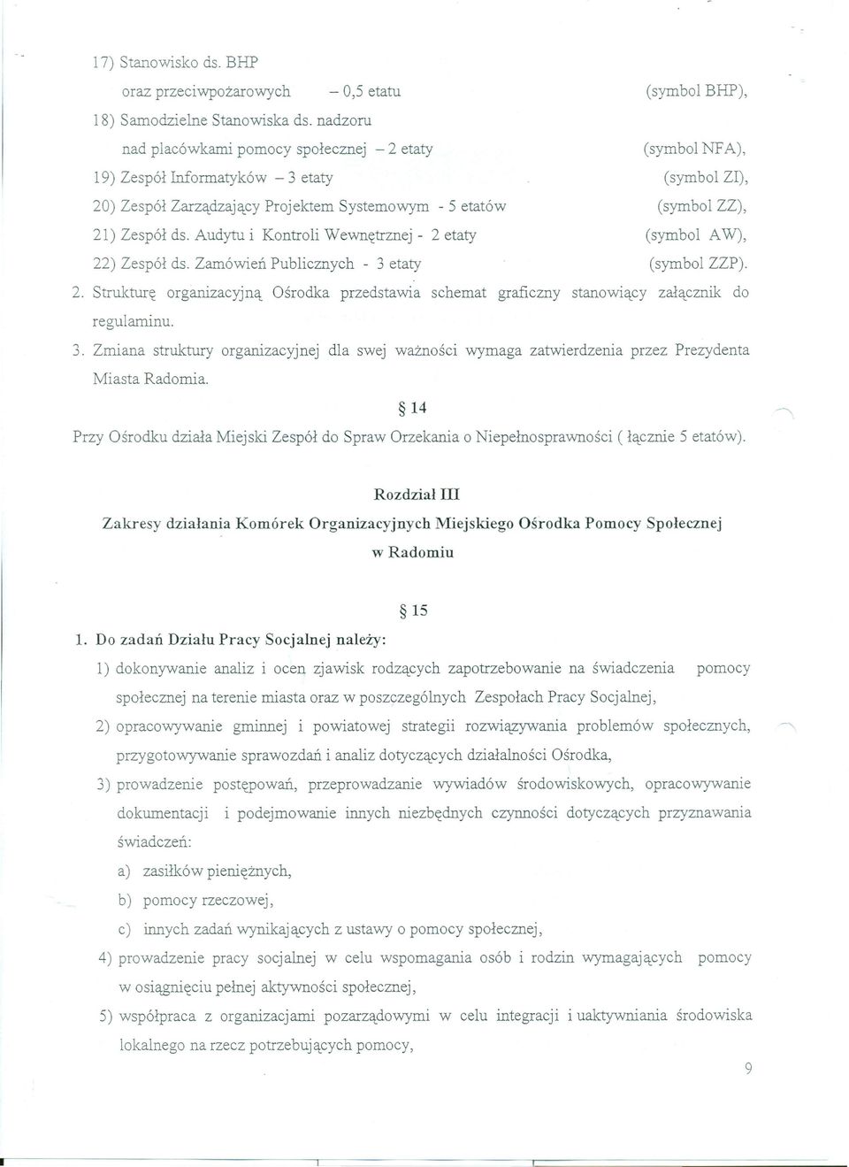 Audytu i Kontroli Wewnętrznej - 2 etaty (symbol AW), 22) Zespół ds. Zamówień Publicznych - 3 etaty (symbol ZZP). 2. Strukturę organizacyjną Ośrodka przedstawia schemat graficzny stanowiący załącznik do regulaminu.