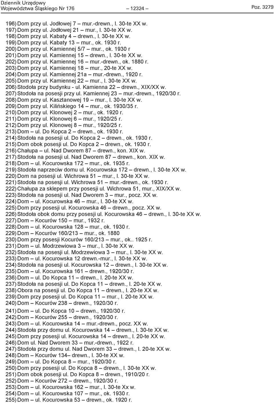 30-te XX w. 196) Dom przy ul. Jodłowej 7 mur.-drewn., l. 30-te XX w. 197) Dom przy ul. Jodłowej 21 mur., l. 30-te XX w. 198) Dom przy ul. Kabaty 4 drewn., l. 30-te XX w. 199) Dom przy ul.