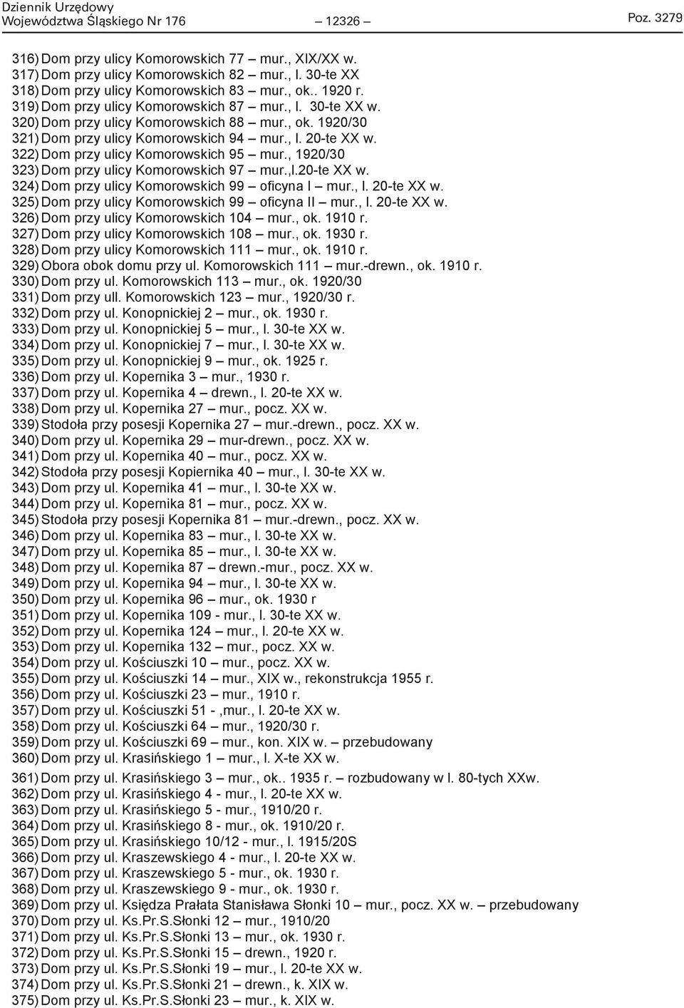 , l. 20-te XX w. 316) Dom przy ulicy Komorowskich 77 mur., XIX/XX w. 317) Dom przy ulicy Komorowskich 82 mur., l. 30-te XX 318) Dom przy ulicy Komorowskich 83 mur., ok.. 1920 r.