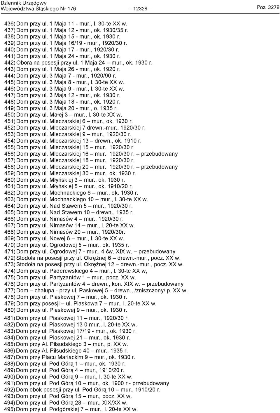 12328 435) Dom przy ul. 1 Maja 9 - mur., 1910/20 r. - przebudowany 436) Dom przy ul. 1 Maja 11 - mur., l. 30-te XX w. 437) Dom przy ul. 1 Maja 12 - mur., ok. 1930/35 r. 438) Dom przy ul.