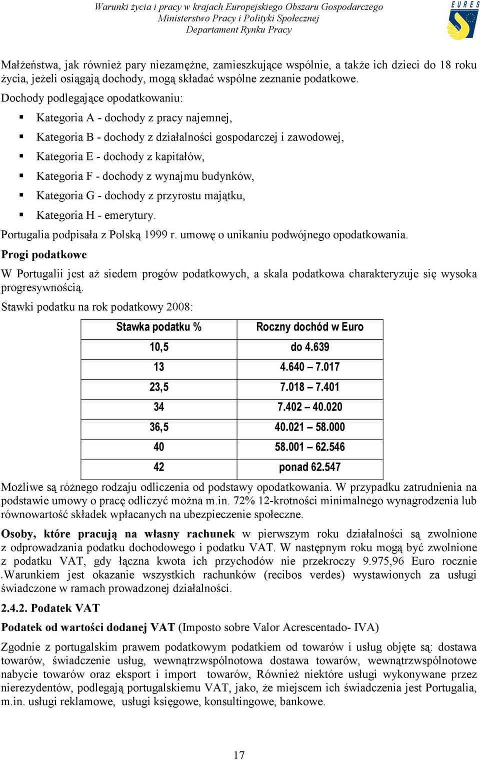 wynajmu budynków, Kategoria G - dochody z przyrostu majątku, Kategoria H - emerytury. Portugalia podpisała z Polską 1999 r. umowę o unikaniu podwójnego opodatkowania.