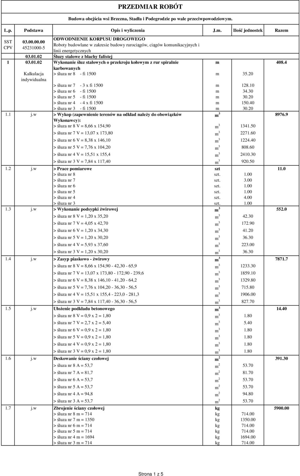 4 karbowanych Kalkulacja > śluza nr 8 - fi 1500 m 35.20 indywidualna > śluza nr 7-3 x fi 1500 m 128.10 > śluza nr 6 - fi 1500 m 34.30 > śluza nr 5 - fi 1500 m 30.20 > śluza nr 4-4 x fi 1500 m 150.