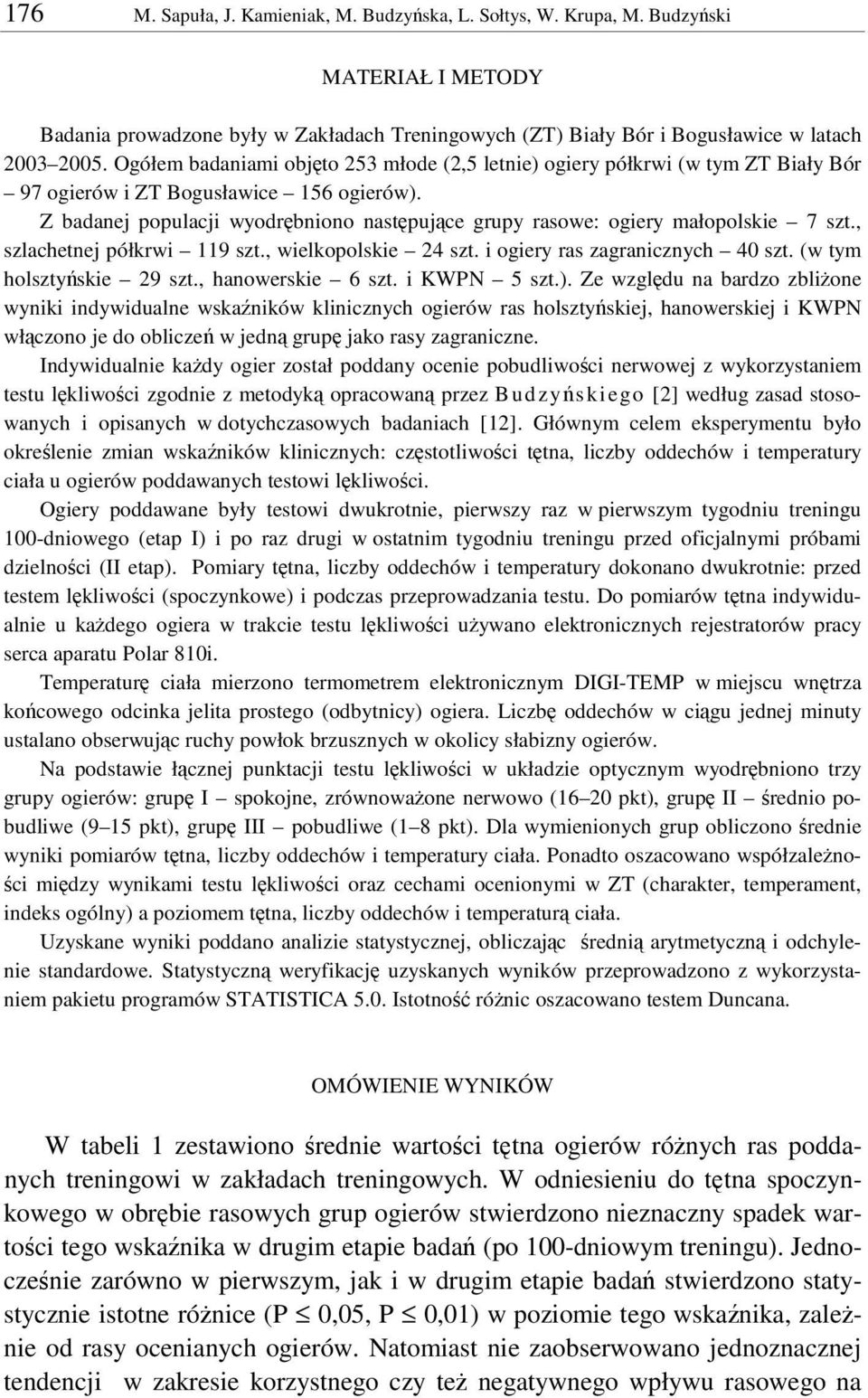 Z badanej populacji wyodrbniono nastpujce grupy rasowe: ogiery małopolskie 7 szt., szlachetnej półkrwi 119 szt., wielkopolskie 24 szt. i ogiery ras zagranicznych 40 szt. (w tym holsztyskie 29 szt.