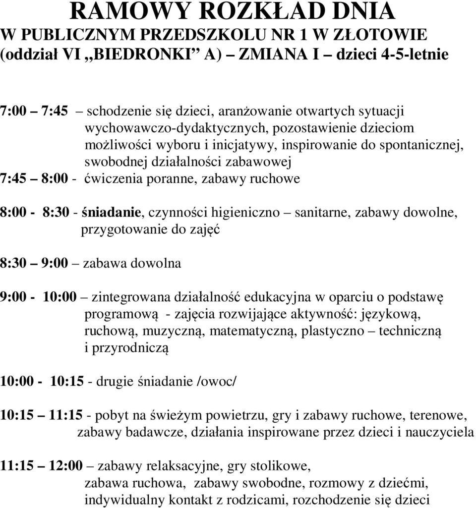 dowolna 9:00-10:00 zintegrowana działalność edukacyjna w oparciu o podstawę 10:15 11:15 - pobyt na świeżym powietrzu, gry i zabawy ruchowe,