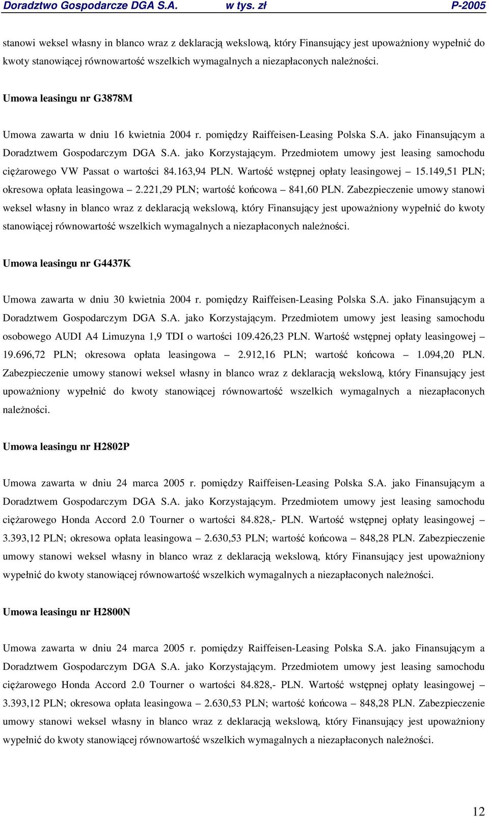 Warto wstpnej opłaty leasingowej 15.149,51 PLN; okresowa opłata leasingowa 2.221,29 PLN; warto kocowa 841,60 PLN.